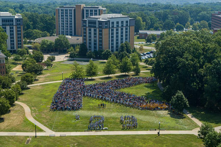 The Kent State Class of 2029 forms a K on campus during Convocation