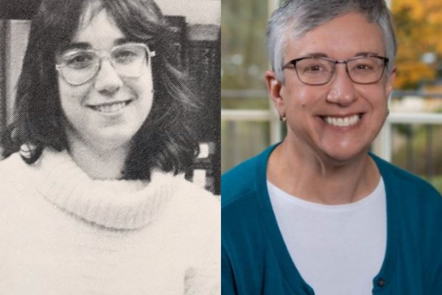 A side-by-side of 46-year employee Donna Perzeski when she first started, and today.