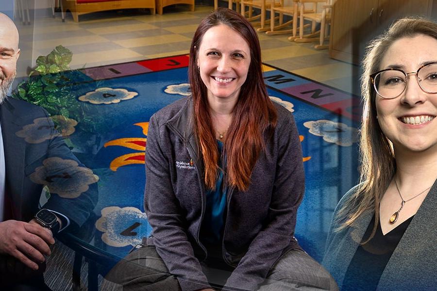 A photo of Kent State graduates Jason Joyce, Victoria Geigerich and Cassi Galloway