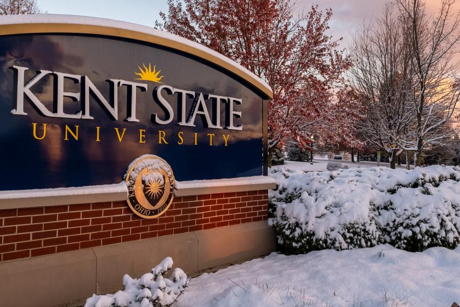 Campus sign in November snow