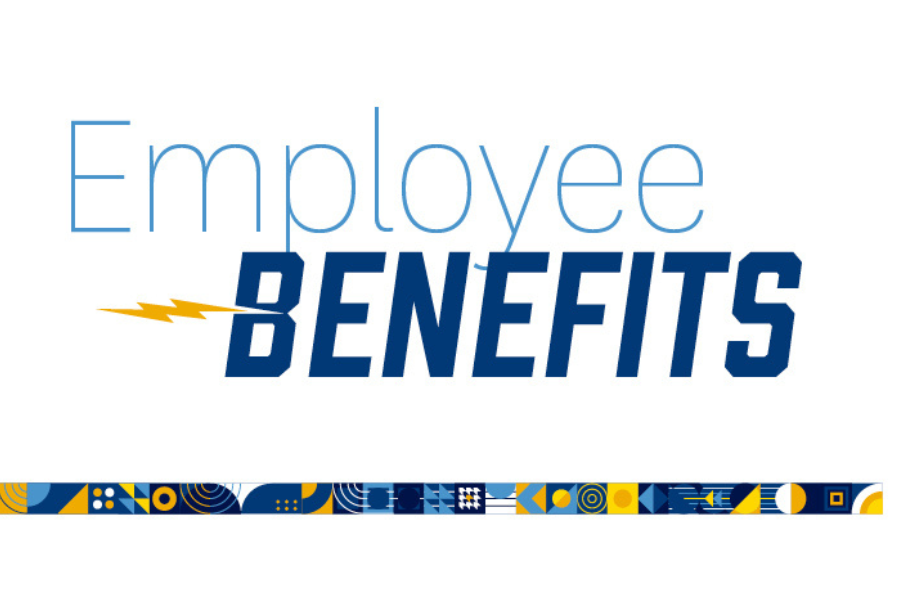 Blue and gold text that reads "Employee Benefits"