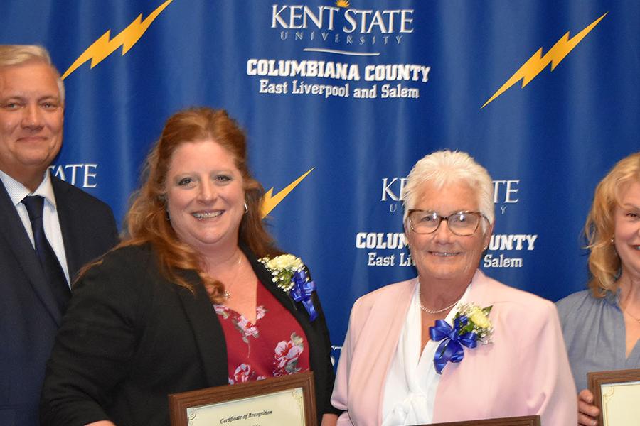 Faculty and staff awards were presented by (from left) 91�ֿ� East Liverpool Dean Brad Bielski, Ph.D., to Mary Palen, Beth Allison-Christy and Angela Douglass.