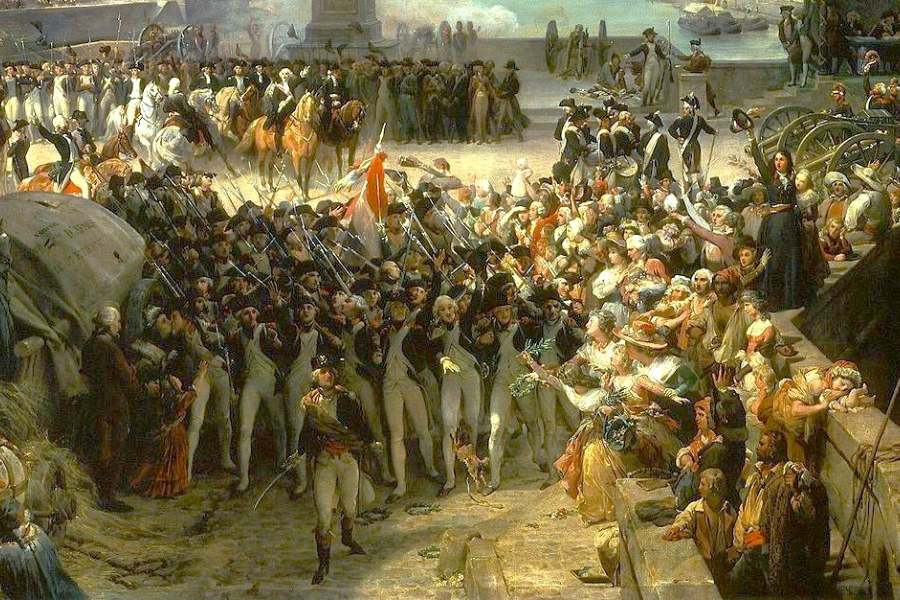 painting of the French Revolution era. Masses of soldiers are in the center, and other citizens are depicted on the edges of the painting. Women are shown handing the soldiers different branches, possibly depicting olive branches, to show that is a scene of peace after wartime or conflict.