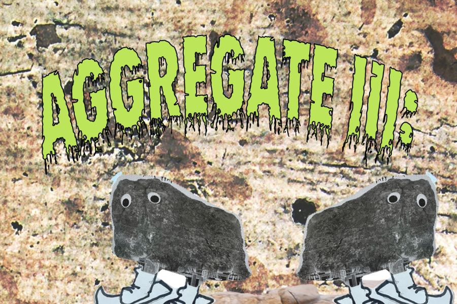 Poster for Aggregate III: Avalanche of Talent. Rocks with googly eyes and legs siting on a pile of rocks. 