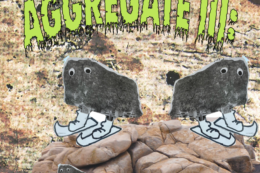 Poster for Aggregate III: Avalanche of Talent. Rocks with googly eyes and legs siting on a pile of rocks.