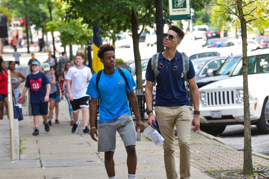 Students discovering downtown Kent.