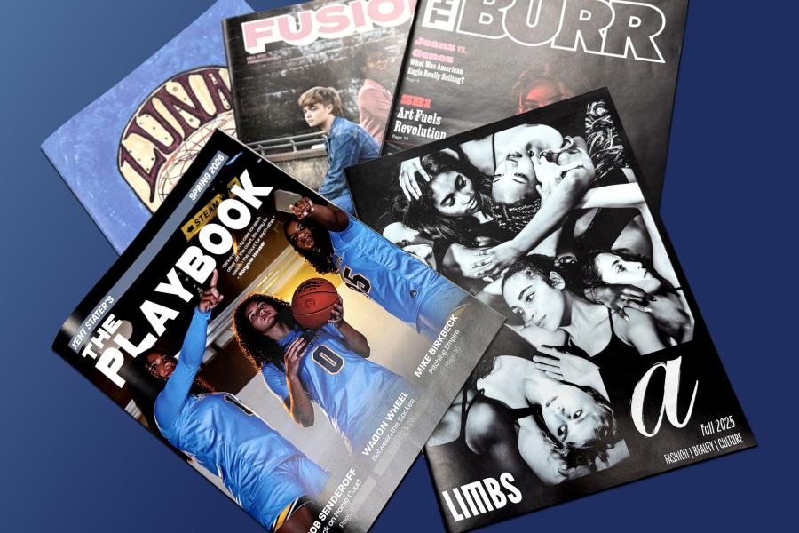 A spread of five student media produced magazines