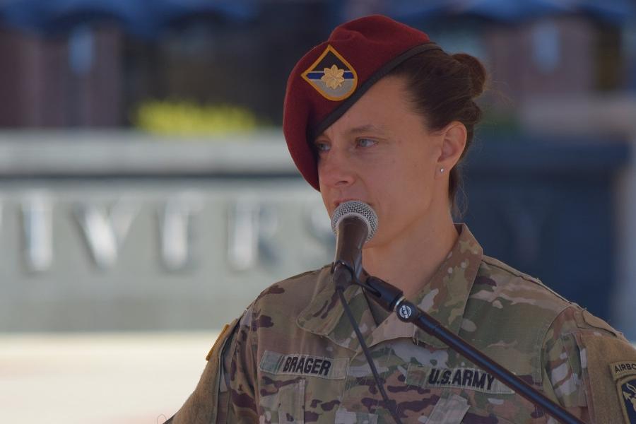 Major Allison Brager, Ph.D. '11 gives speech