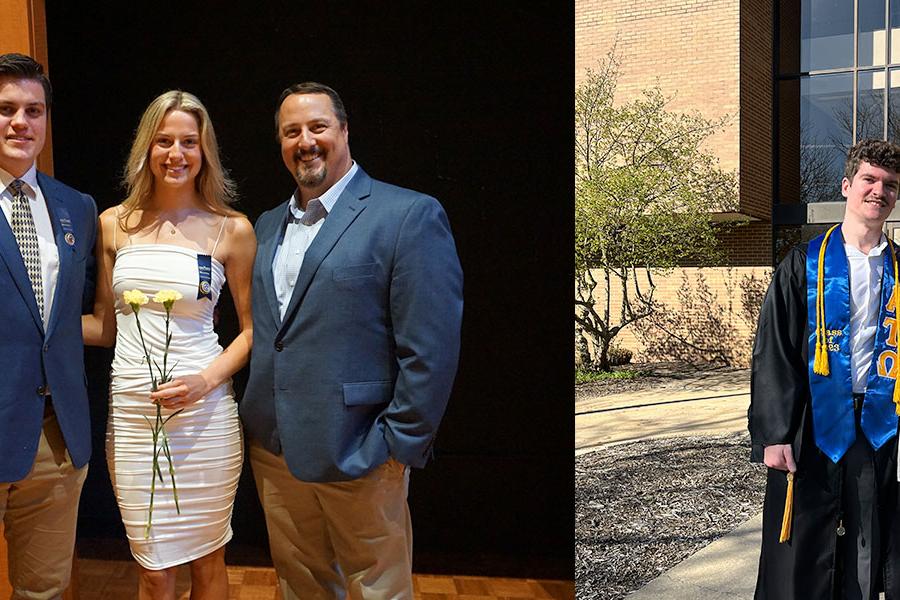 To the left, siblings Mason and Morgan Copley stand with their father, Christoper. To the right, Nikolai stands with his mother, Lisa.