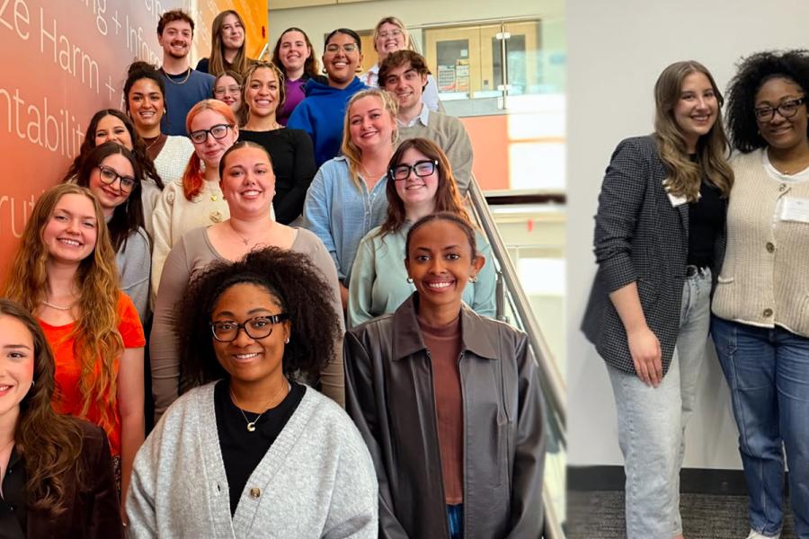 PRSSA Kent standing on the steps in Franklin Hall plus two members in separate photo side by side.