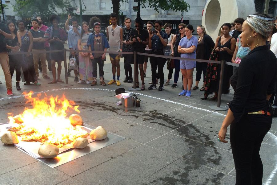 People gathered around a fire