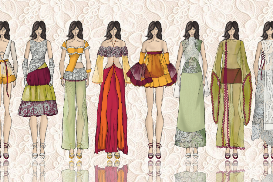 Illustrated models lined up wearing Morgans designs.