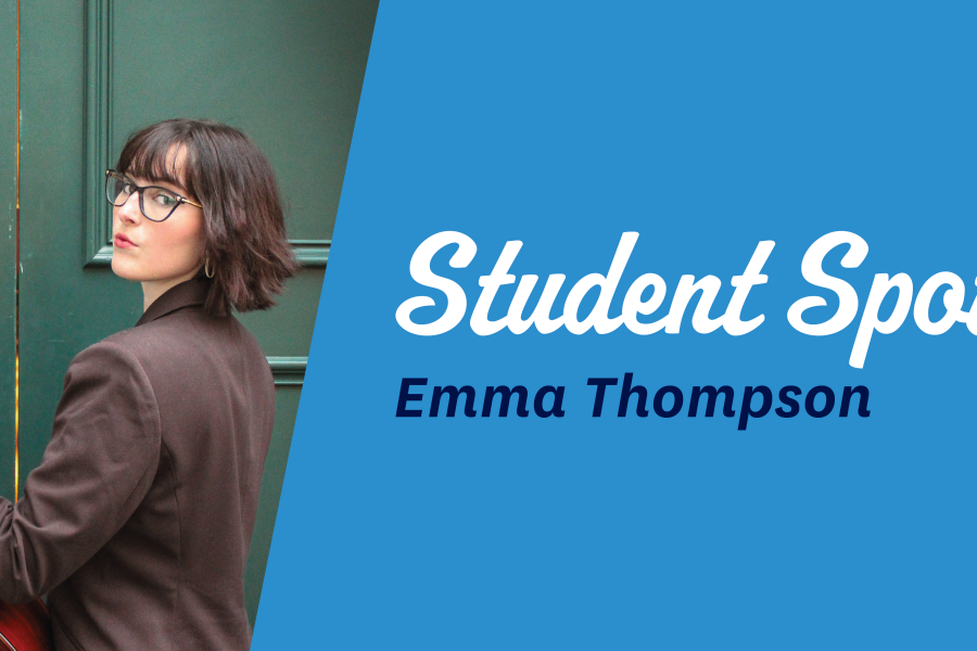 Emma Thompson holding a large string instrument with student spotlight logo