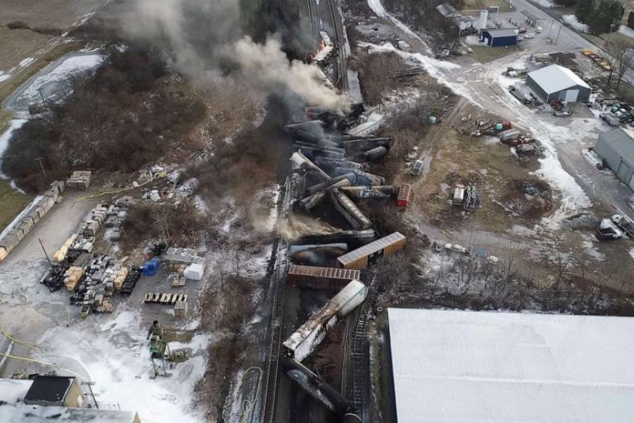 Drone footage shows the freight train derailment, Feb. 6, 2023, in East Palestine, Ohio. (Photo courtesy of Ntsbgov/via Reuters)