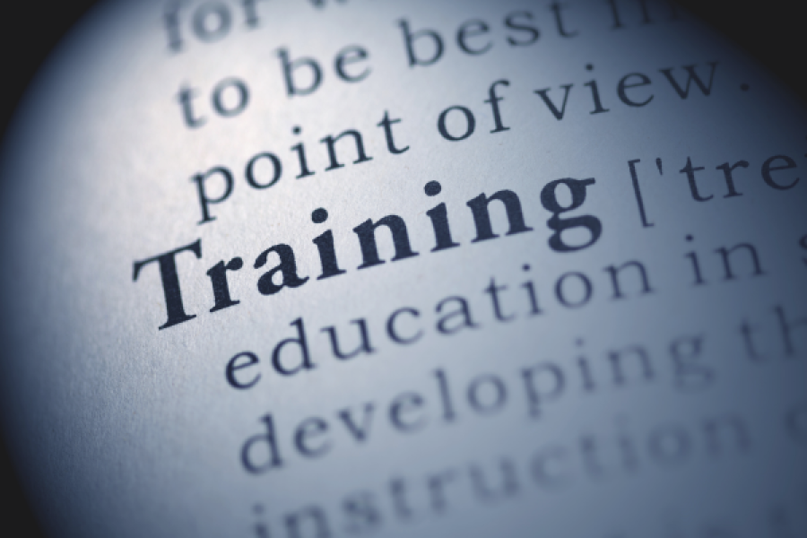 A closeup of the word "Training" on the page of a book.