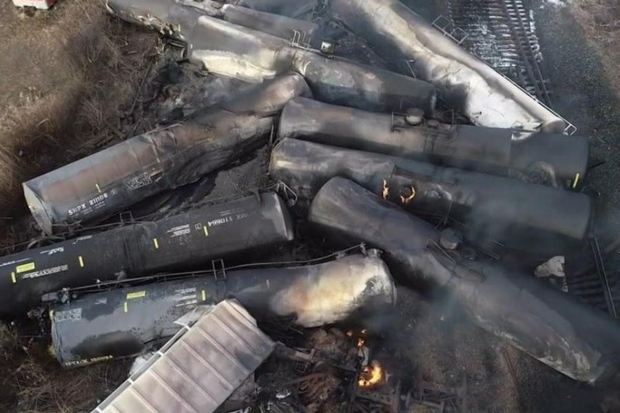 Derailed Norfolk Southern rail cars in East Palestine, Ohio.