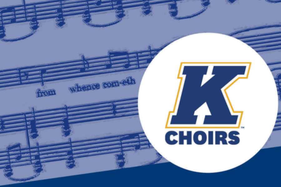 Blue sheet music as a background with a white, blue and gold Kent Choirs logo on top