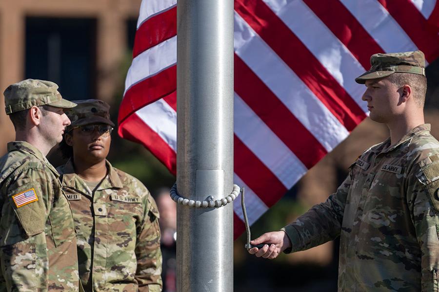 Members of the  Air Force and Army ROTC programs take part in the university’s 2024 Veterans Day Commemoration. (Photo credit: Bob Christy, )
