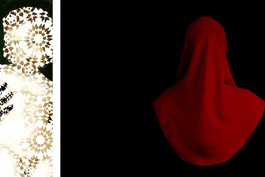 Artwork by Mehdi-Georges Lahlou - A woman and child with patterns over their faces, no facial feature. A veiled figure in red with a black background.