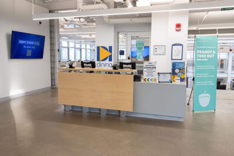 Front view of the DI Dining entrance, including the check-out counter where guests pay to enter