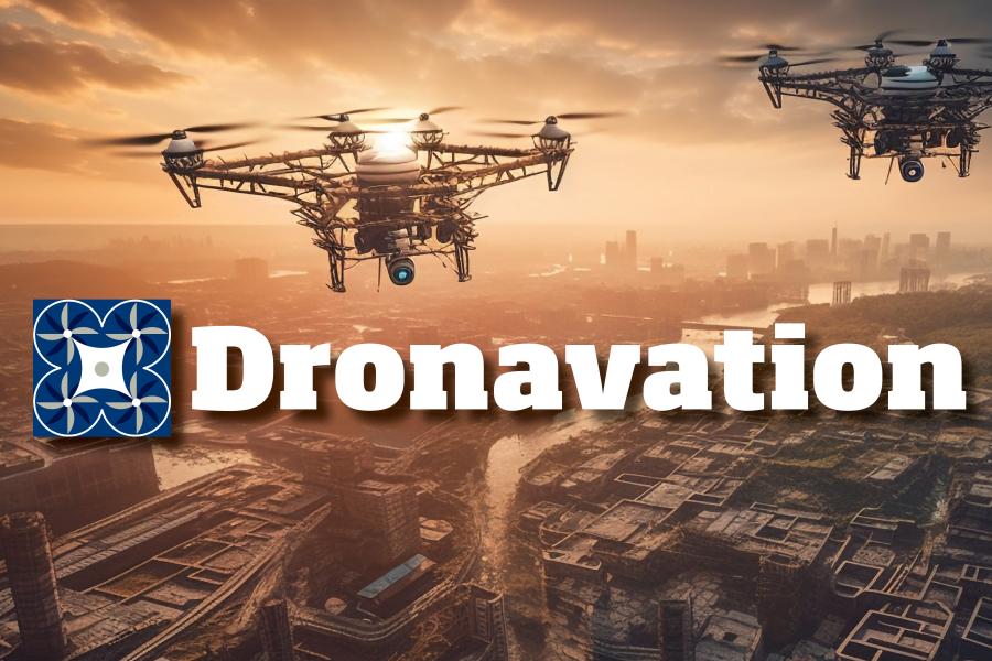 A drone flying with a cityscape in the background. Text overlay that reads "Dronavation: