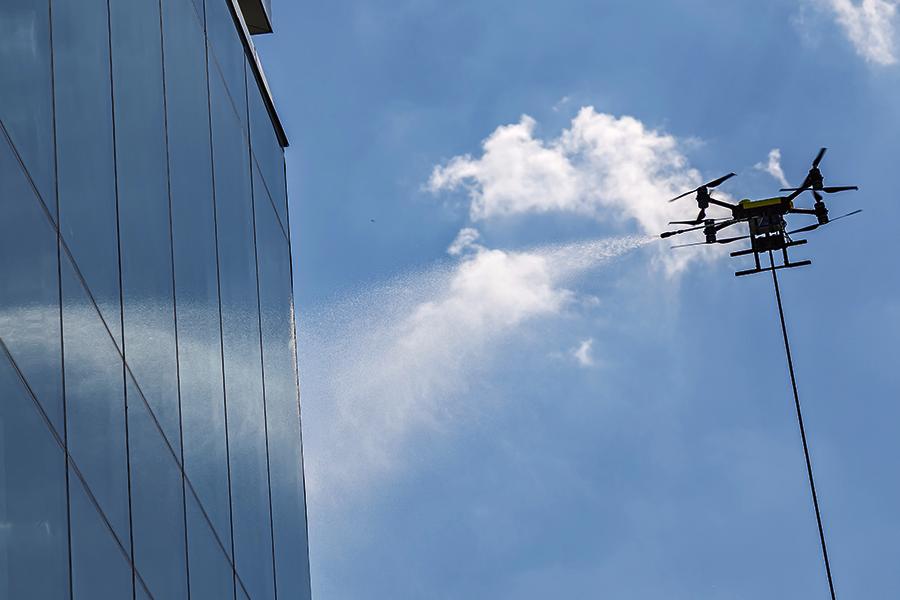 A closeup of a drone at Crawford Hall on the Kent Campus