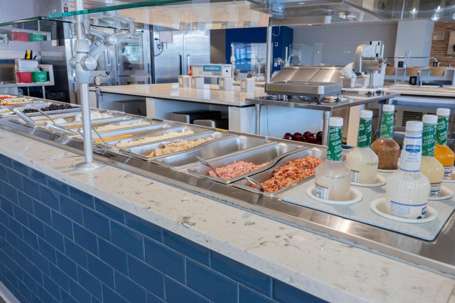 Close up of the "Greens & Proteins" station, showing several containers containing various meats, cheeses, vegetables, and dressings