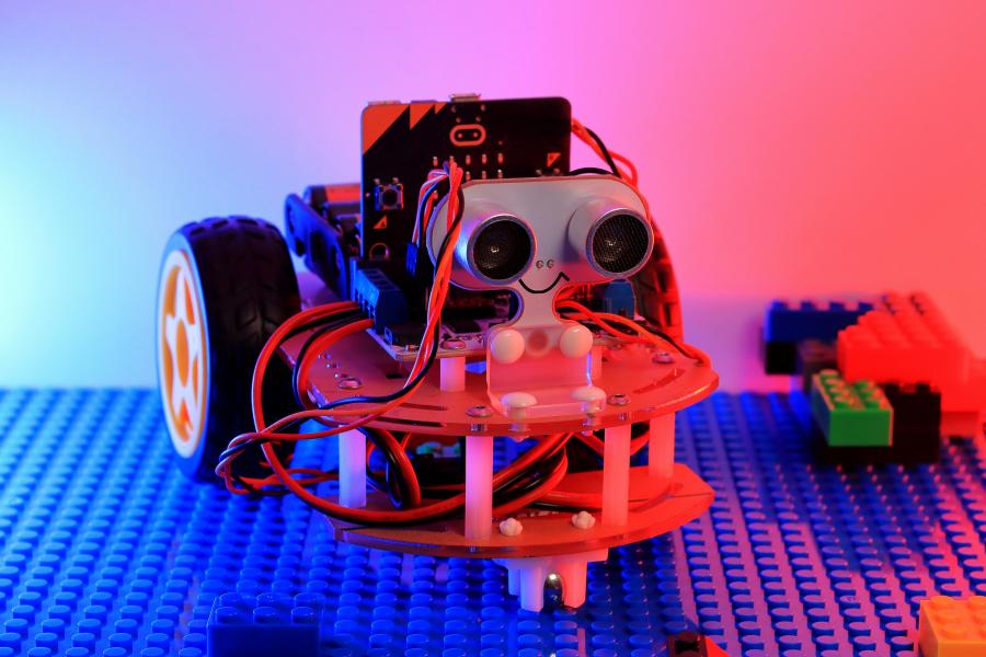 Robot building kit under blue and red light