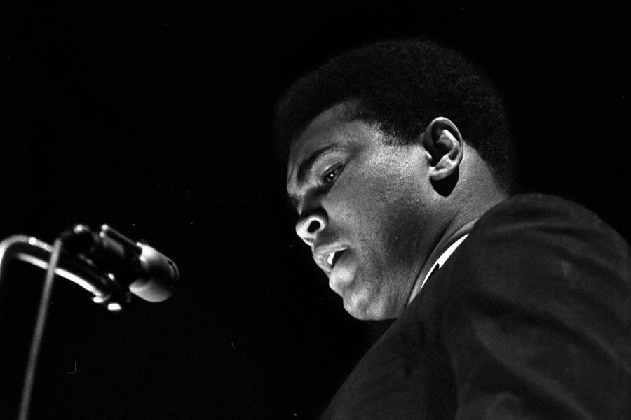 Muhammad Ali, a guest speaker during Think Week 1969, delivers a speech in the Memorial Gymnasium on April 8, 1969. The Think Week theme for 1969 was "The Black Man in Society: Yesterday, Today and Tomorrow."