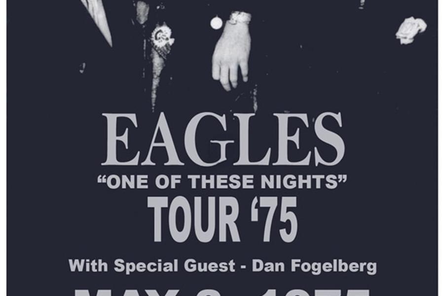 Poster for the Eagles One of These Nights Tour ’75 with special guest Dan Fogelberg in concert at Kent State Memorial Gym on Saturday, May 3, 1975 at 8 p.m. Ticket prices listed as $5.50 general admission and $6.00 reserved. Poster features a black-and-white photo of the Eagles band members.  