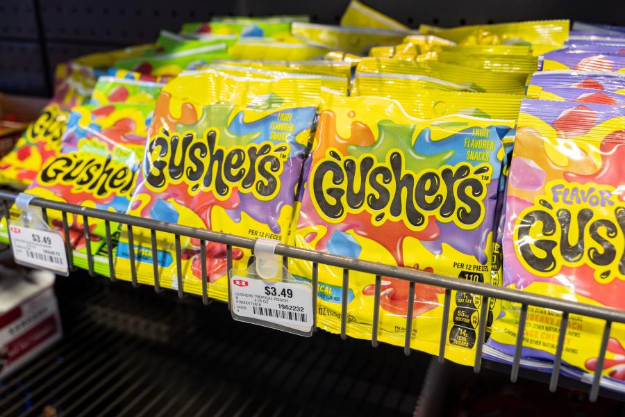 Close up of a rack of Gushers packets, available for purchase at Rosie's Market