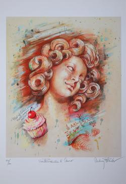 Digitized drawing of woman and a pink cupcake