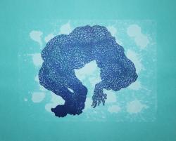 Letterpress relief artwork, blue and teal colors