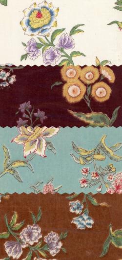 A group of four fabric swatches with floral designs. Colors are soft and muted tones of white, pinks, burgundy and turquoise.
