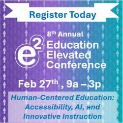 register today, e2 conference block image with purple and teal background with arrows