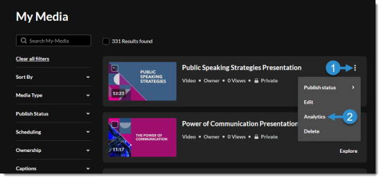 Kaltura My Media page: View Analytics