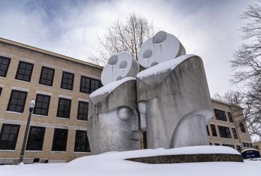 A snow-covered sculpture on Front Campus.