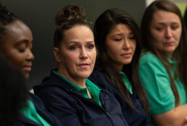 Incarcerated women from the Northeast Reintegration Center (NERC) speak to the Women in Crime & Justice class led by Susan Kunkle, Ph.D. in Merrill Hall in November 2025