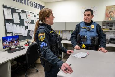 William Kalkhoff (right) with Sergeant Olesinski (left) in the Stow Police Department