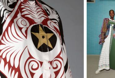 Left: Close-up of red, black and white garment. Right: Two models wearing garments