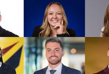 A collage of photos of Aysia Kemp, ’20, Olivia Morrison, ’20, Jake Myers, ’19, Brad Rinella, ’18, Allison Sayre, ’21 and Kiernan Weese, ’19, MBA ’21.