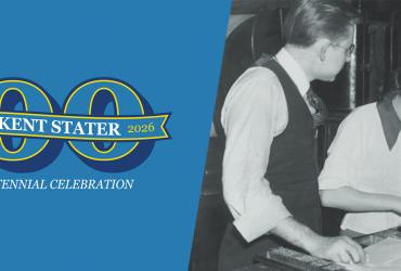 Two students set type for an issue of the Kent Stater