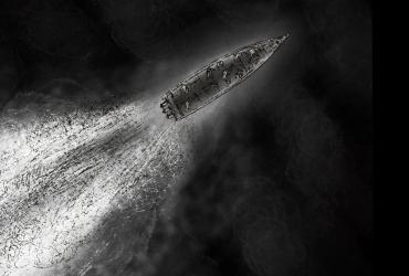 Black and white illustration of a fishing boat