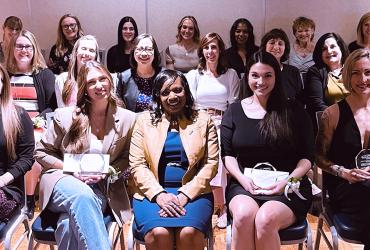 Group photo of 2025 Barbara Donaho Distinguished Leadership in Learning Award recipients with Kent State College of Nursing Dean Versie Johnson-Mallard (front center).