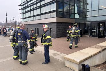 Fire crews respond to the Integrated Science Building on March 3 following liquid nitrogen leak