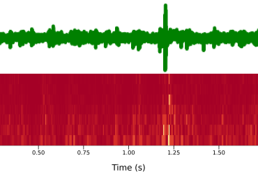 A two-part image of the audio: the simplified sound wave on top and the detailed frequency pattern below, aligned over 450 time steps.