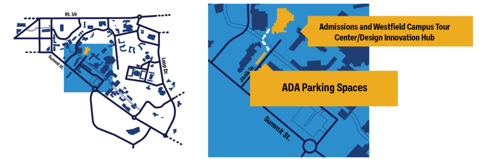 A map of Kent Campus with a dotted line leading from the ADA section of the parking lot to the Tour Center.