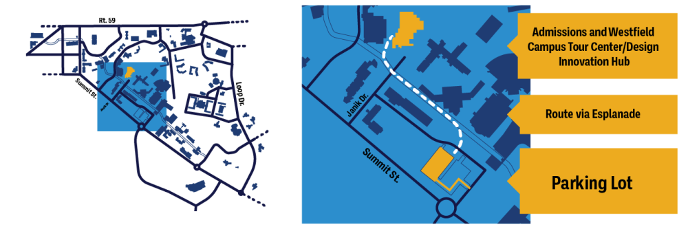A map of Kent Campus with a dotted line leading from the Student Center parking lot to the Tour Center.