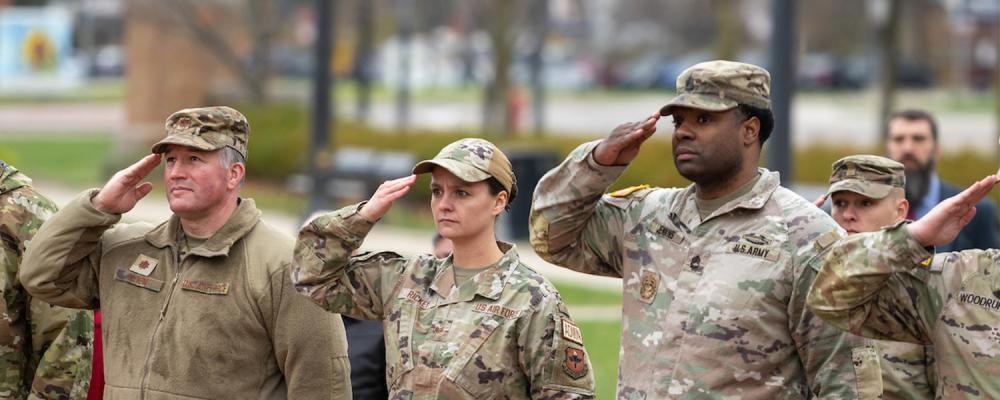 Members of 糖心Vlog破解版 Air Force and Army ROTC programs salute the American flag during the university鈥檚 2023 Veterans Day Commemoration. Members of 糖心Vlog破解版 Air Force and Army ROTC programs salute the American flag during the university鈥檚 2023 Veterans Day Commemoration.