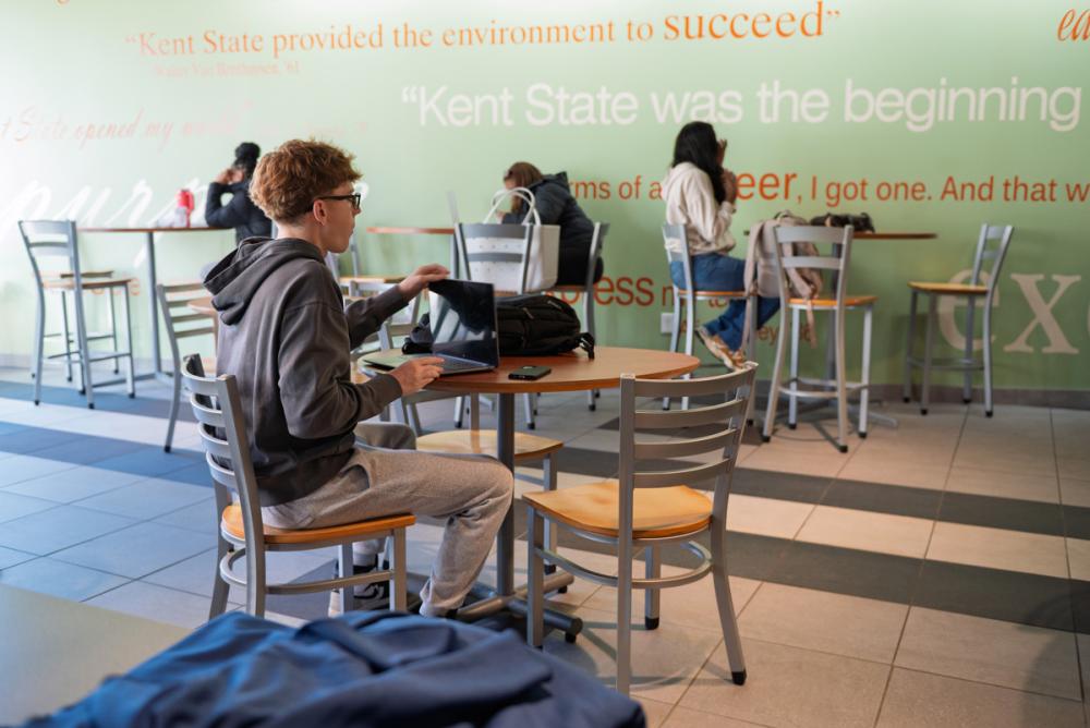 student works on a laptop at a table while other students study nearby in a campus lounge.